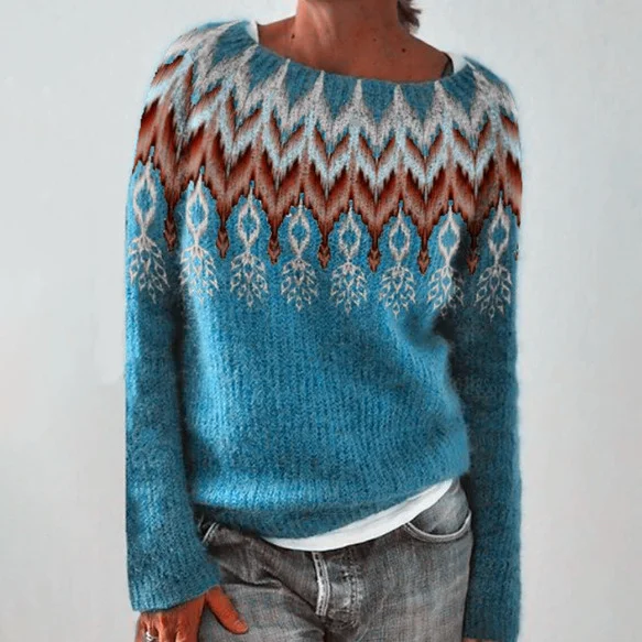 Casual Crew Neck Feather Jacquard Sweater