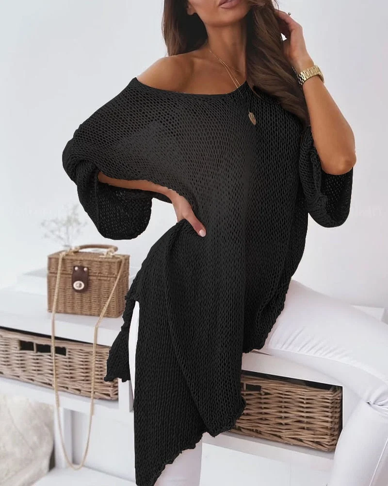 Graduation Gifts Trendy Solid Color V-Neck Drop Shoulder Split Hem Open Knit Sweater Casual Oversized Sweater Womens Pullover Tops