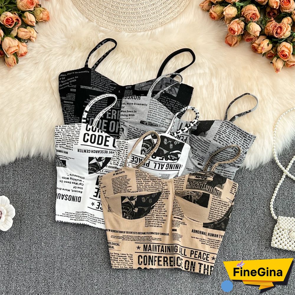 Women Push Up Camisole With Bra Sexy Top Women Suspender Tank Fashion Printed Newspaper Camis Female Soft Sleeveless Top