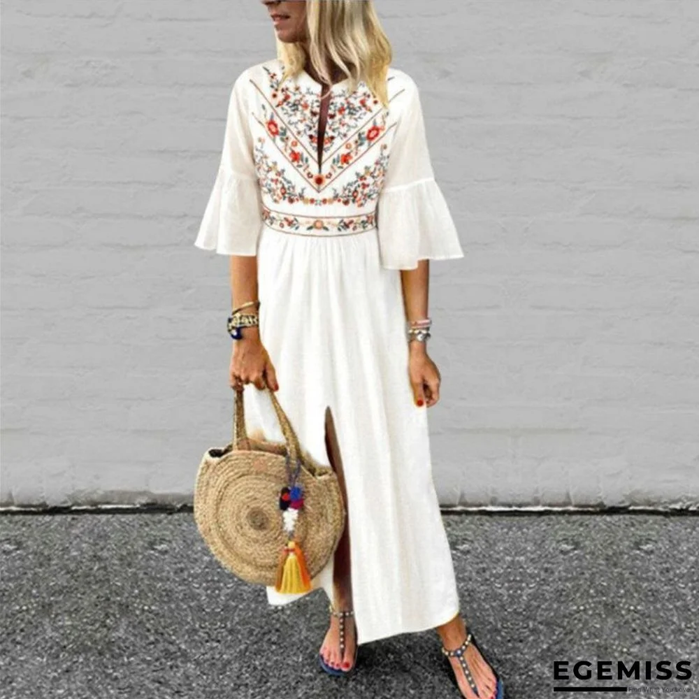 Ethnic Loose Sleeve Print Stitching A-shaped Dress White Dresses | EGEMISS