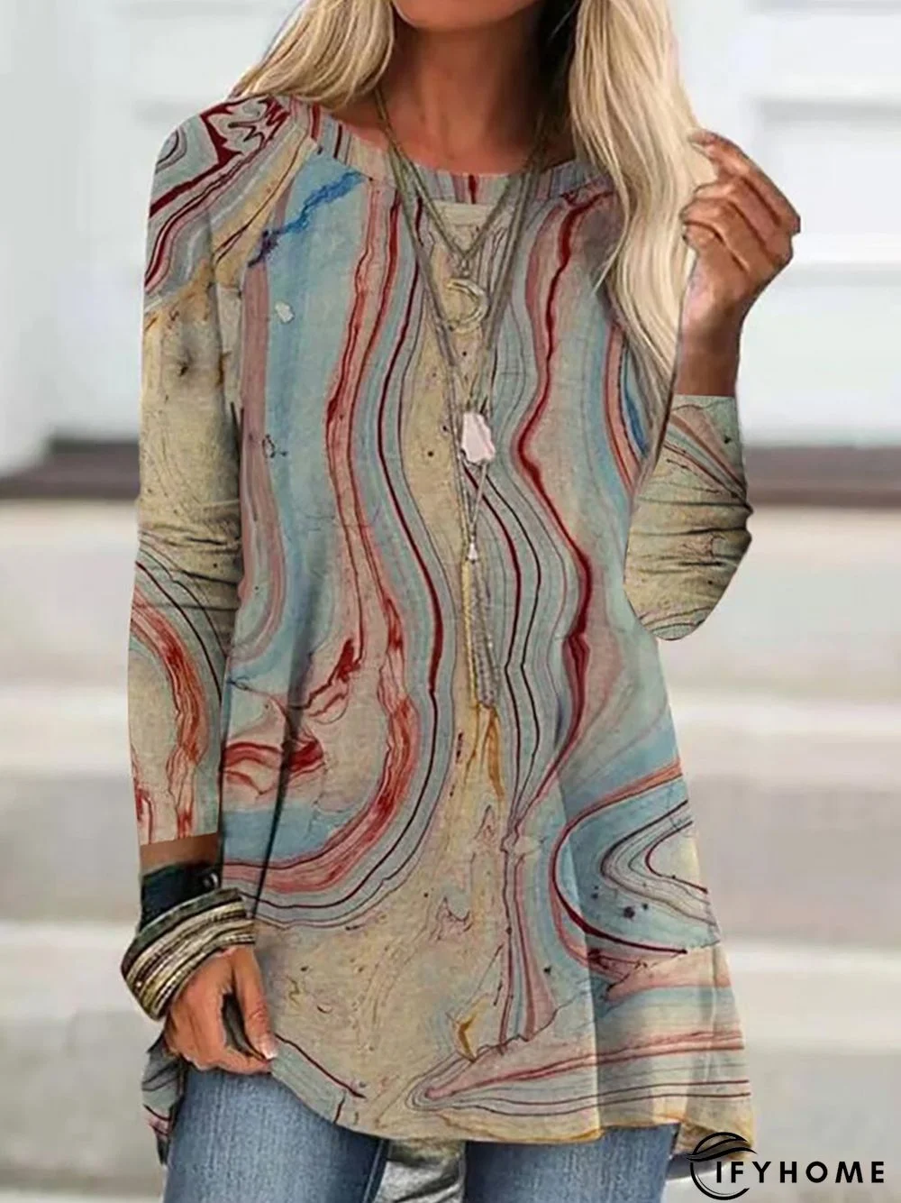 Long Sleeve Crew Neck Ombre/Tie-Dye Vintage Tunic Top | IFYHOME