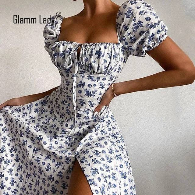 Glamm Lady Floral Print Casual Midi Sexy Party Dresses For Womens Strapless Autumn Summer Dress Club Bodycon Dress Puff Vestidos