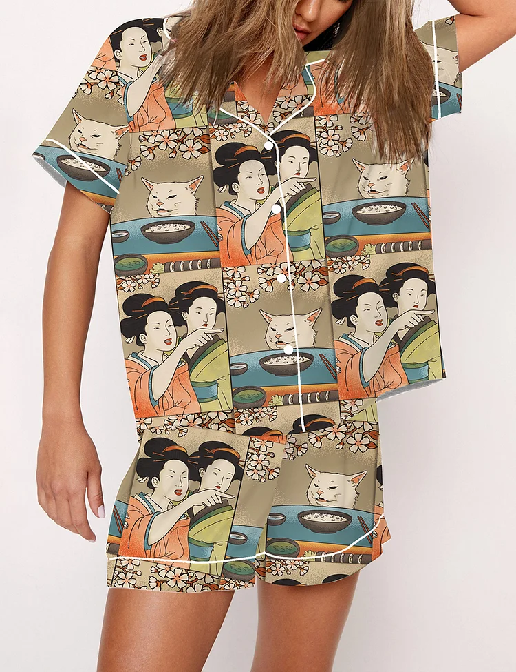 Women's Woman Yelling at a Cat Japanese Meme Pajama Set