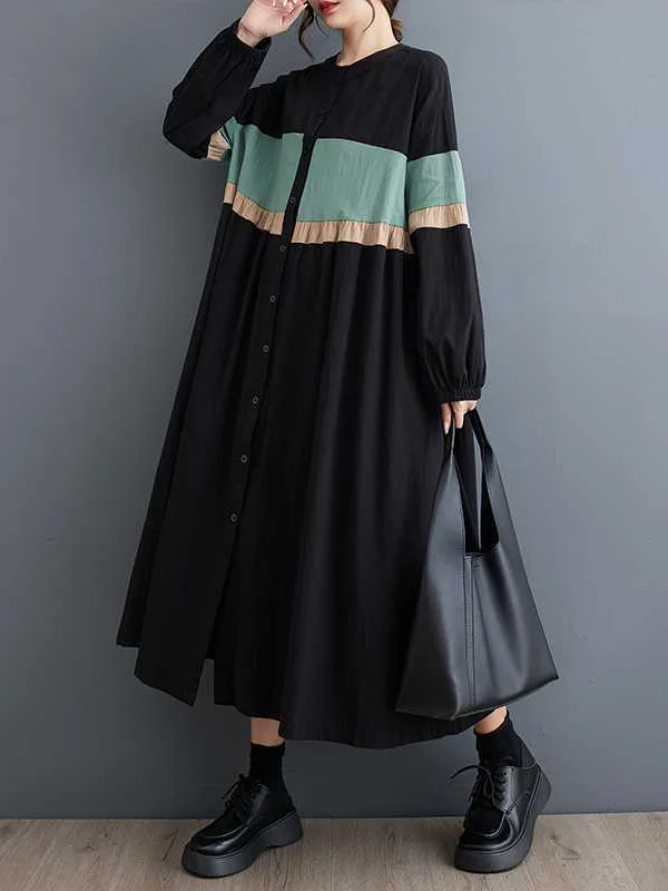 Long Sleeves Loose Buttoned Contrast Color Elasticity Split-Joint Round-neck Midi Dresses