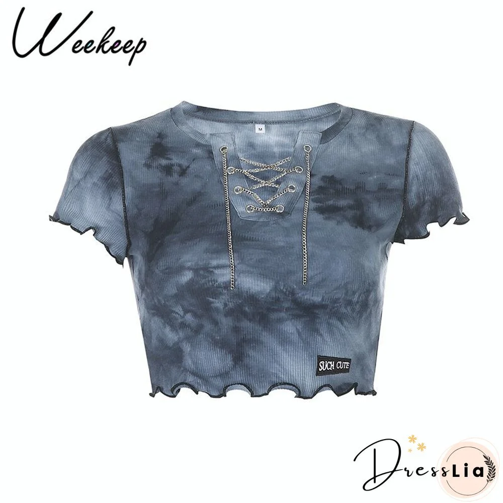 Weekeep Women White Short Sleeve T Shirt Cropped Embroidery O-Neck Knitted T-Shirt Summer Sexy Bodycon Crop Top