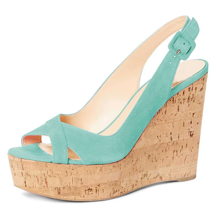 Turquoise Suede Platform Wedge Heels Slingback Sandals |FSJ Shoes