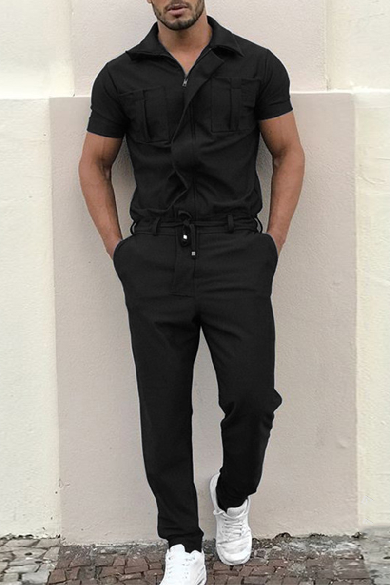 Men's Turndown Collar Slim-Fit Casual Zipper Jumpsuit