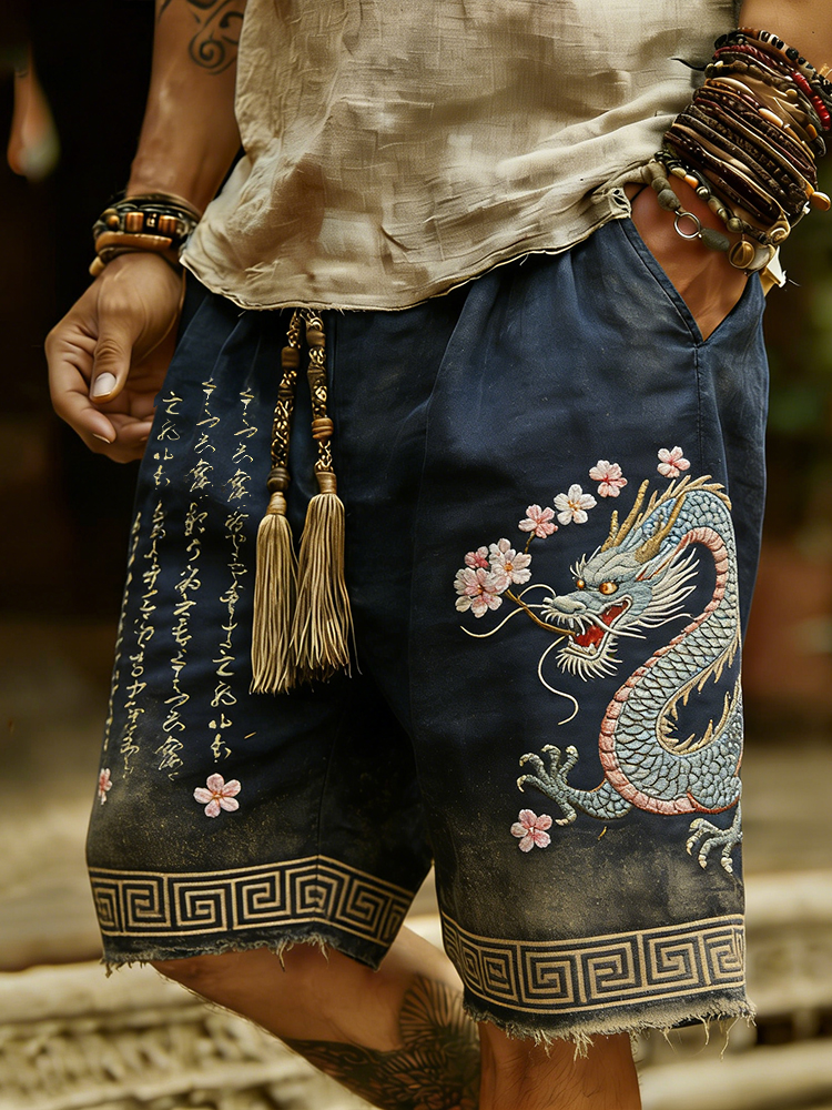 Apanese-style Dragon And Cherry Blossom Vintage Gradient Cotton-linen Shorts elevenforest