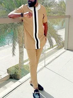 Men's chic casual khaki geometric print two-piece set