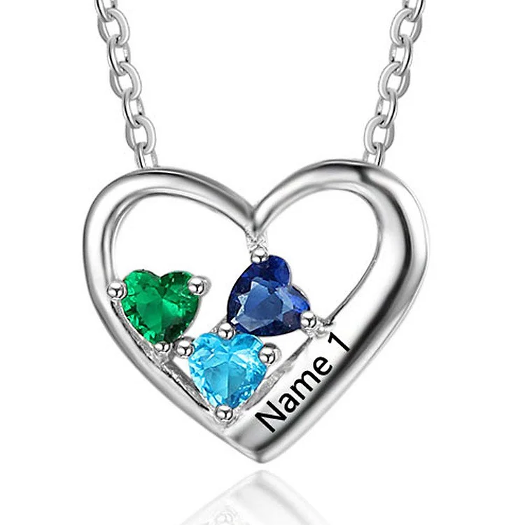 Heart Necklace Family Necklace with 3 Birthstones Personalized Engraved Name Pendant Necklace Sterling Silver