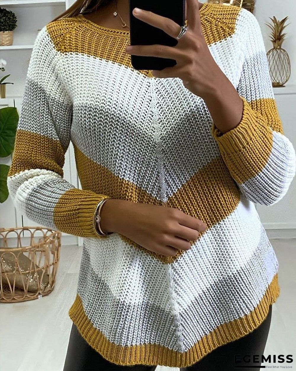 Chevron Pattern Colorblock Long Sleeve Knit Sweater | EGEMISS