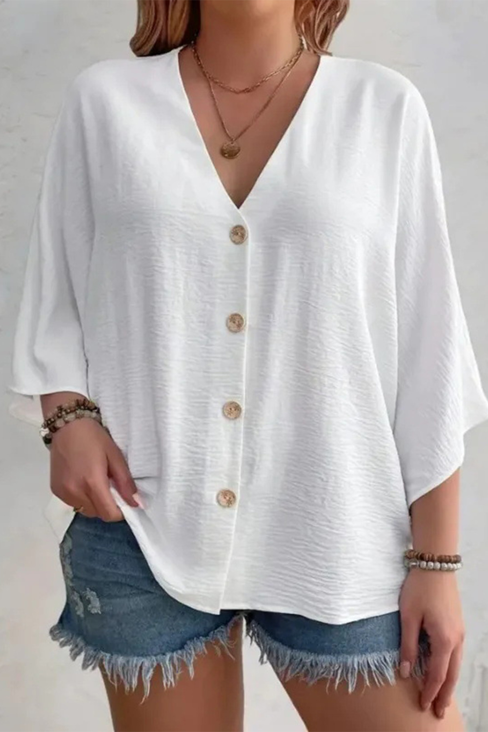 Plus Size Casual White V Neck 3/4 Sleeve Button Blouse 2024 - Flycurvy 