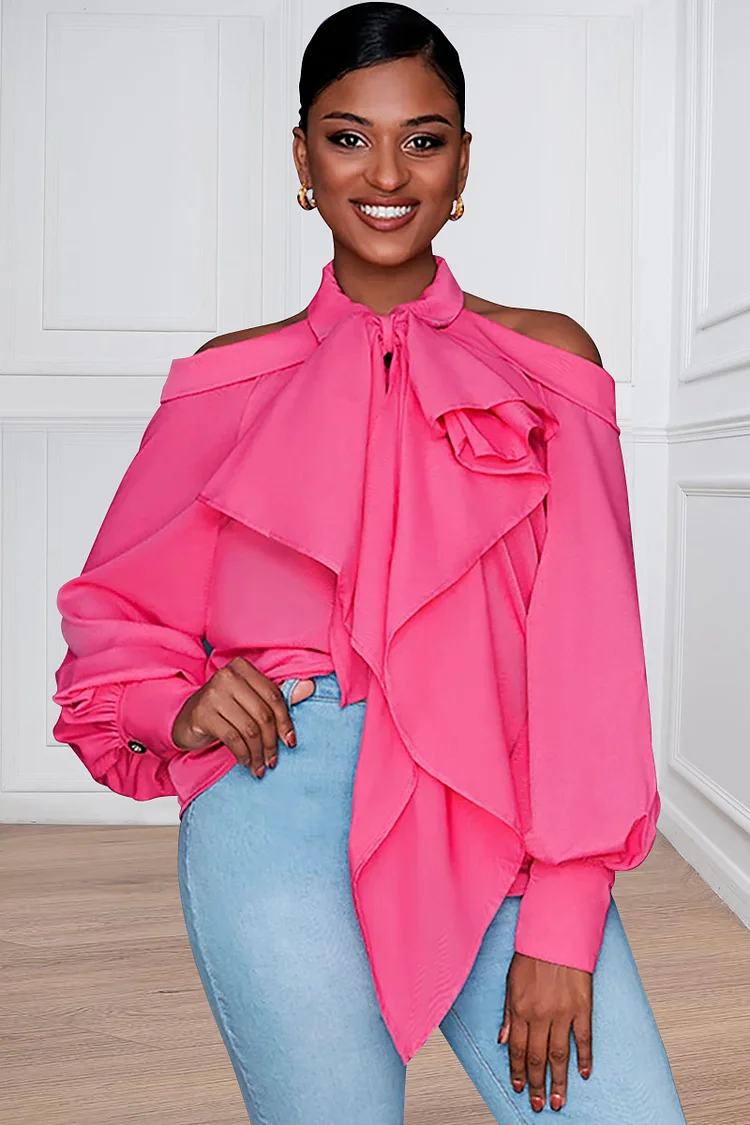 Xpluswear Design Plus Size Hot Pink Daily Bow Lantern Sleeve Ruffle Blouses 