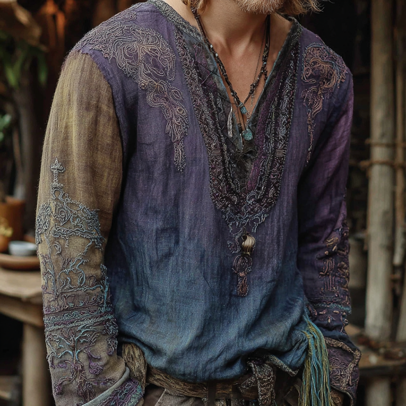 Men's Vintage Gradient Viking Celtic Knot Embroidered Art Cozy Linen Shirt