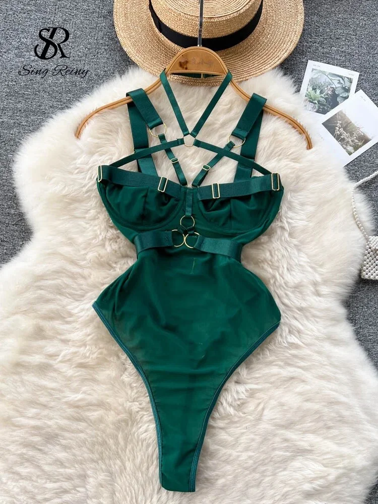 Tanguoant Sexy Hollow Out Playsuits Female Strap Transparent Thin Slim Jumpsuits 2023 Summer Mesh Lace Halter Club Bodysuits