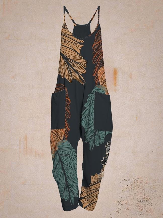 Casual leaf print comfortable jumpsuit