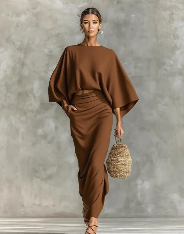 Athvotar Athvotar Shein Round Collar Long-Sleeved Top High Waist Skirt Suit Women's Clothing