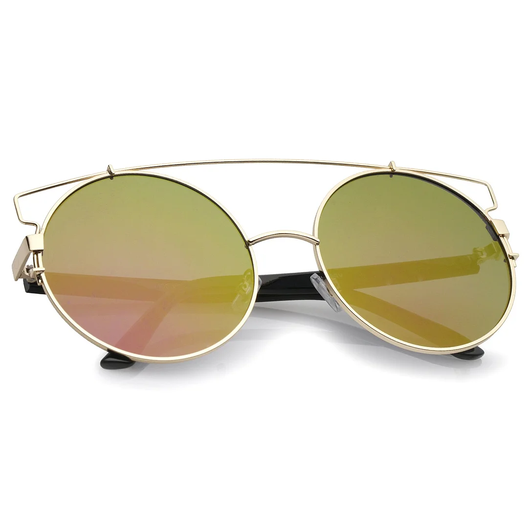 Oversize Metal Frame Horn Rimmed Crossbar Mirror Flat Lens Round glasses 62mm