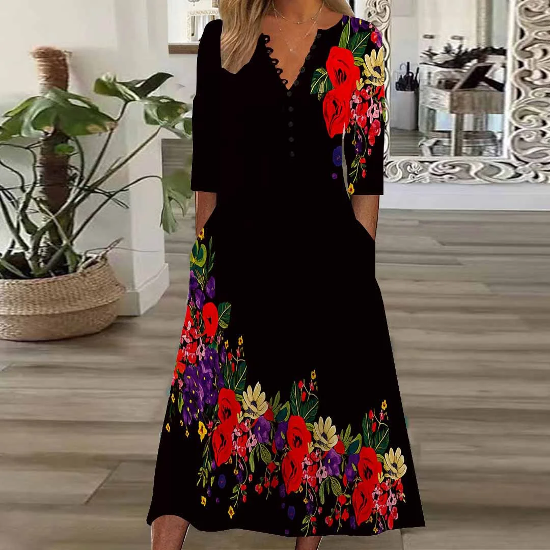 Women Floral,Black DZHB8317 Long Sleeve V-Neck Graphic Printed Midi Dress