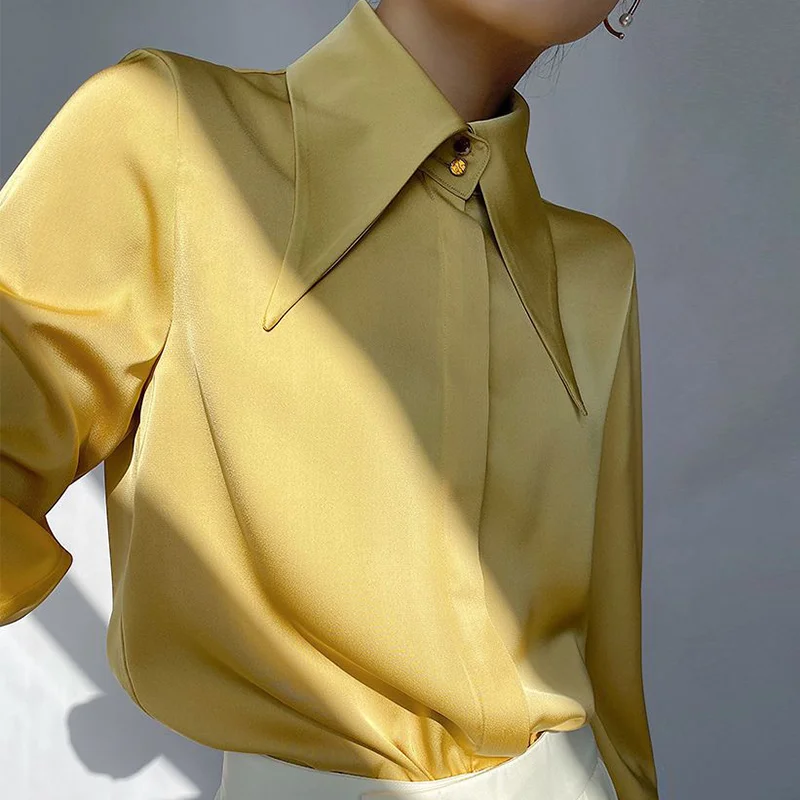 Jangj Autumn Office Lady Polo-neck Elegant Fashion Solid Satin Shirt Female Long Sleeve Temperament All-match Blouse Top Women