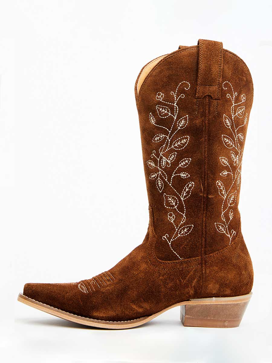 Brown Faux Suede Snip Toe Embroidered Wide-Calf Western Boots   