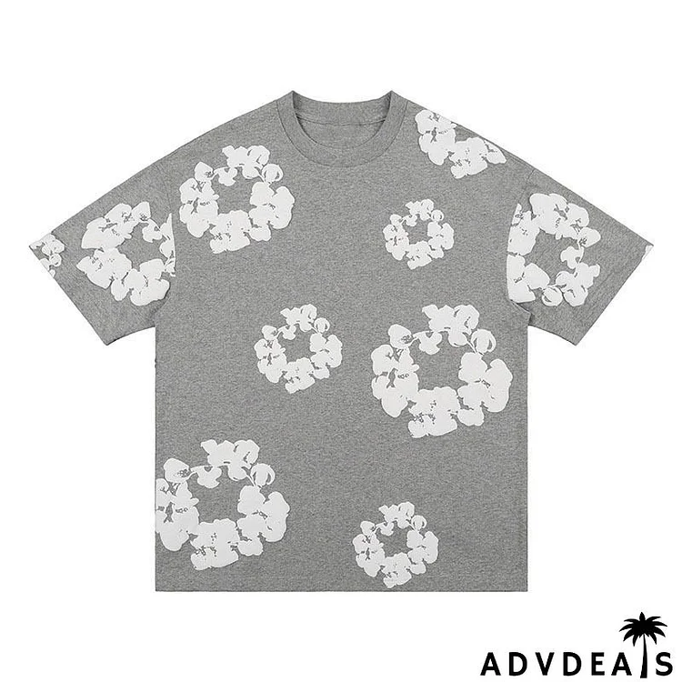 Y2k Women Men Summer Kapok Flower Full Printing Foaming Printing Round Neck Short Sleeve T-Shirt