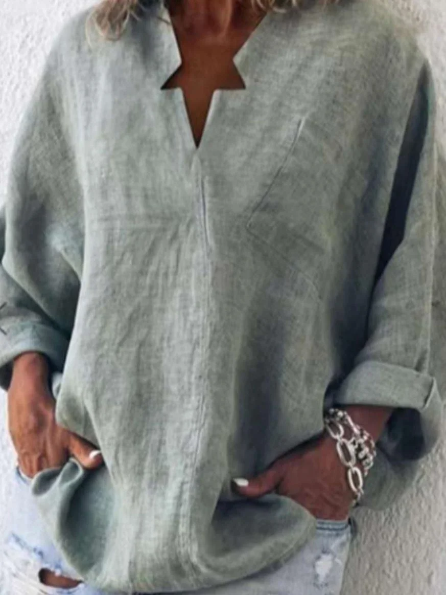 Ladies V-neck Cotton Solid Color Long-sleeved Blouse