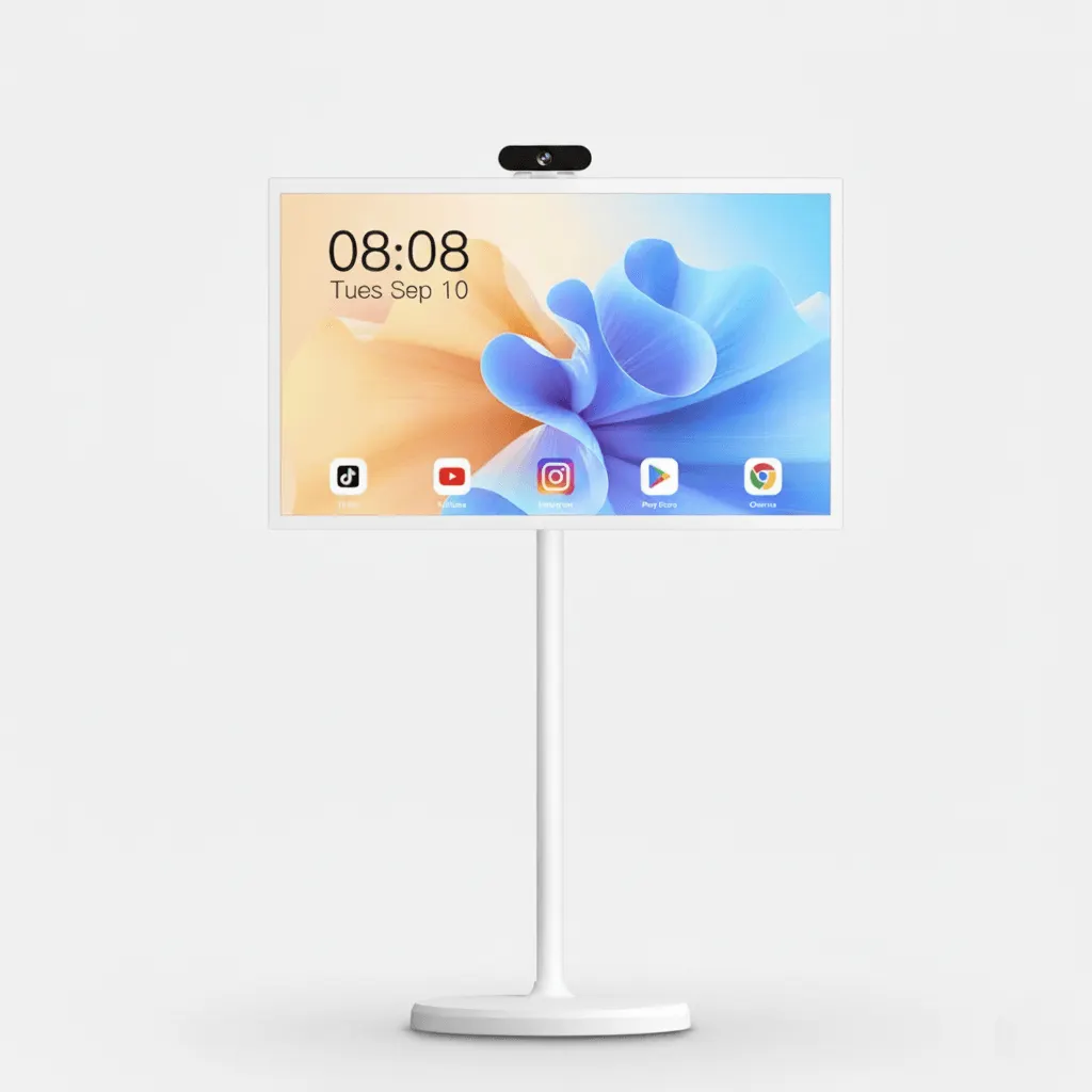White 32 inch portable touchscreen smart TV with rolling stand and webcam