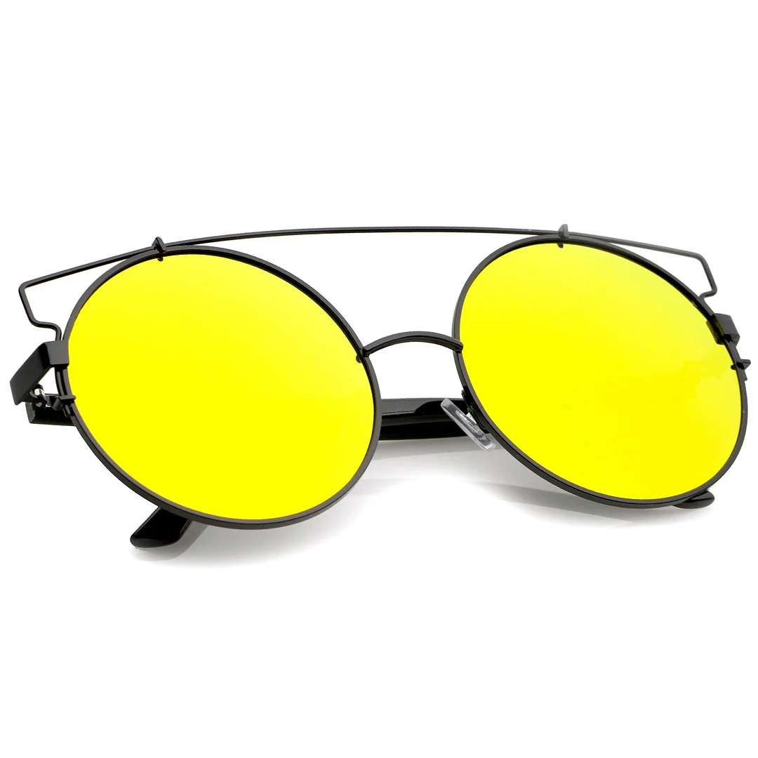 Oversize Metal Frame Horn Rimmed Crossbar Mirror Flat Lens Round glasses 62mm