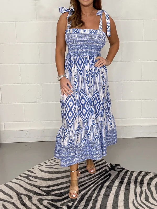 Blue & White Smocked Printed Tie Shoulder Maxi Dress