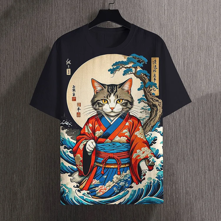 Japanese Kimono Cat Pine Tree Waves Art Print Casual T-Shirt