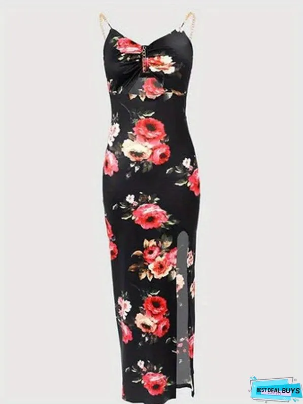 Floral Print Chain Strap Dress, Sexy Cut Out Sleeveless Bodycon Dress, Women's Clothing