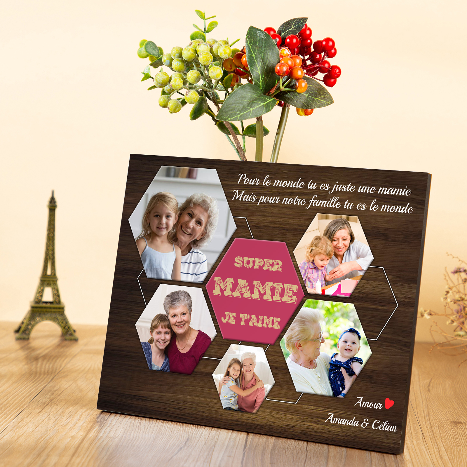 À ma Mamie - Cadre en Bois 2 Prénoms et 5 Photos Personnalisés Cadeau pour Super Mamie
