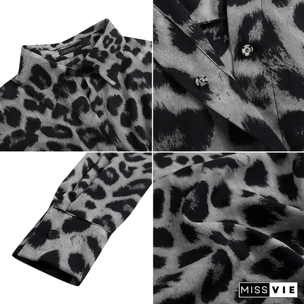 Womens Bohemian Leopard Print Maxi Dress Elegant Full Sleeve Casual Swing Mid-Calf