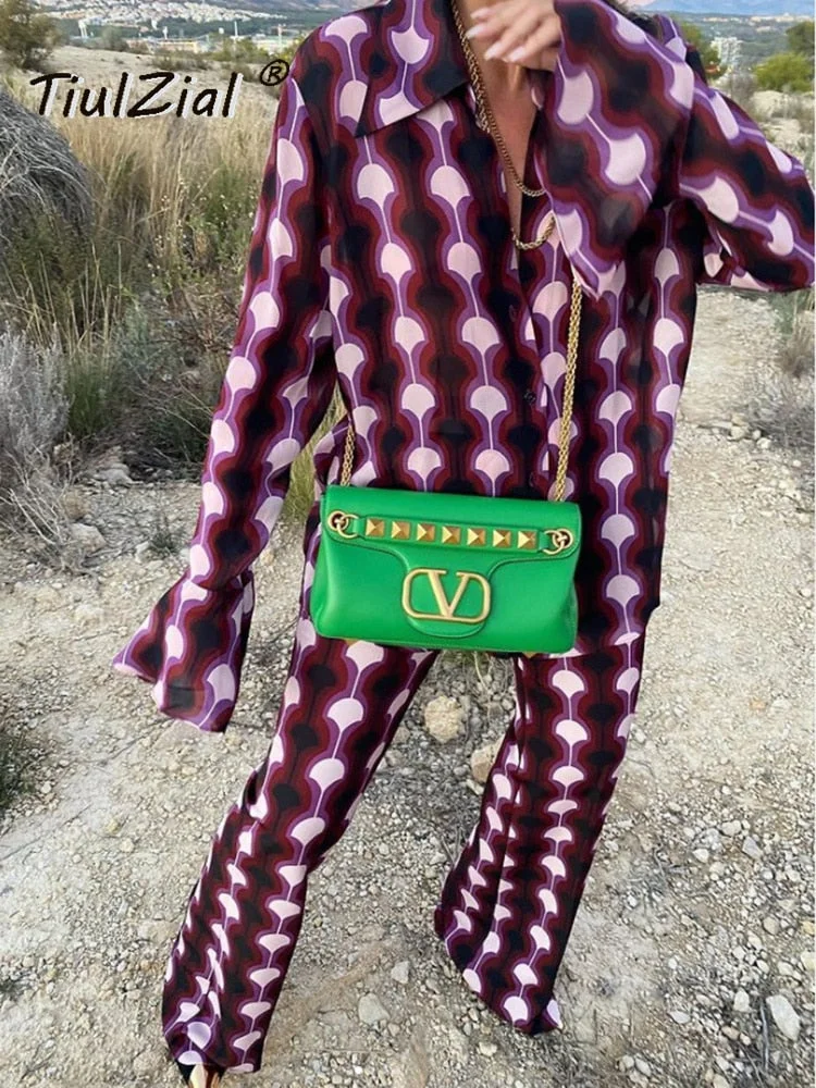 Print Vintage 90'S Women Outfit Trouser Suit Flare Sleeve Co-ord Notched Long Oversized Shirt High Waist Straight Pant