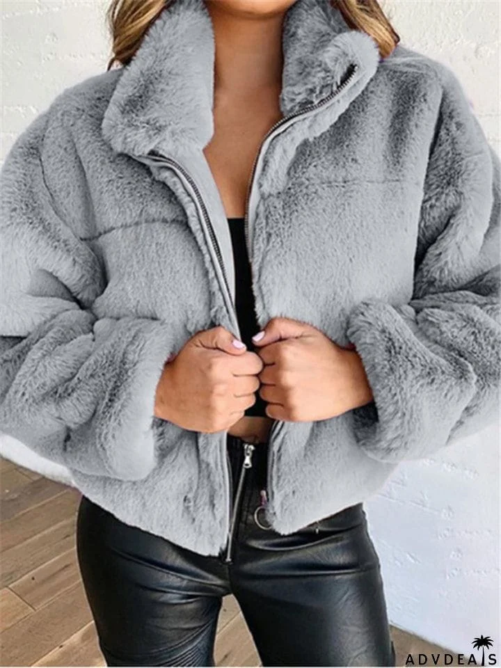 Comfortable Warm Full Zip Fastening Side Pocket Artificial Fur Cropped Coat