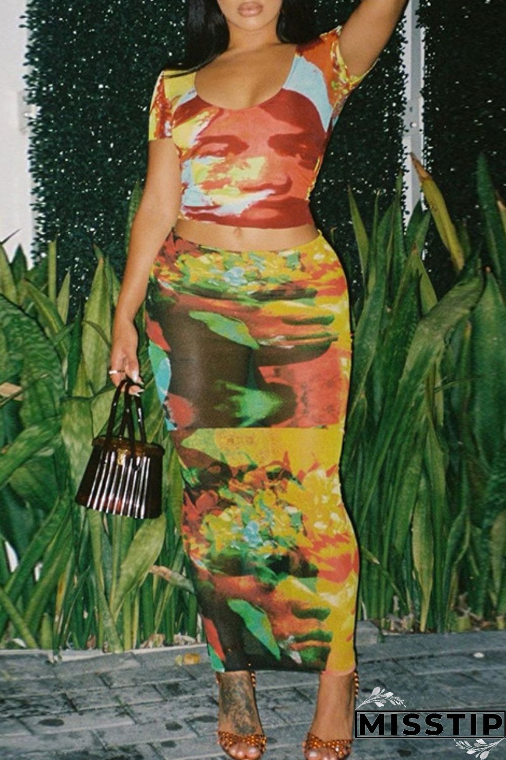 Colour Sexy Print Basic O Neck Short Sleeve Two Pieces