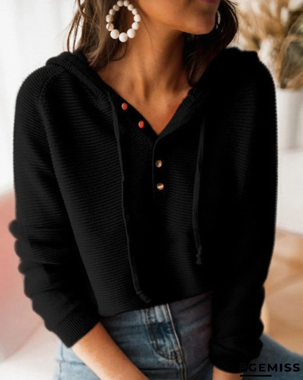 Button Front Drawstring Hooded Sweater | EGEMISS