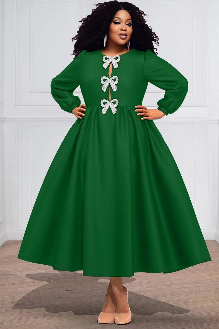 Plus Size Church Midi Dresses Elegant Green Fall Winter Crew Neck Long Sleeve Bow Tie Knitted Midi Dresses [Pre-Order]