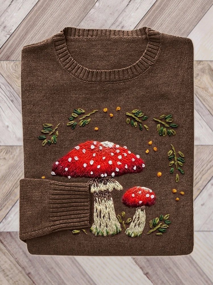 VChics Forest Mushroom Embroidery Art Cozy Knit Sweater