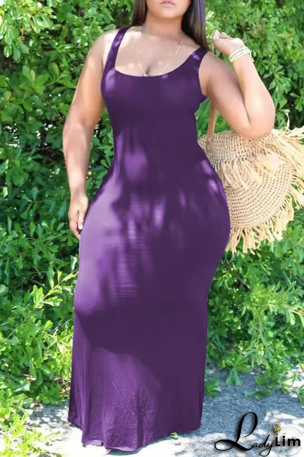 Purple Sexy Casual Plus Size Solid Basic U Neck Vest Dress