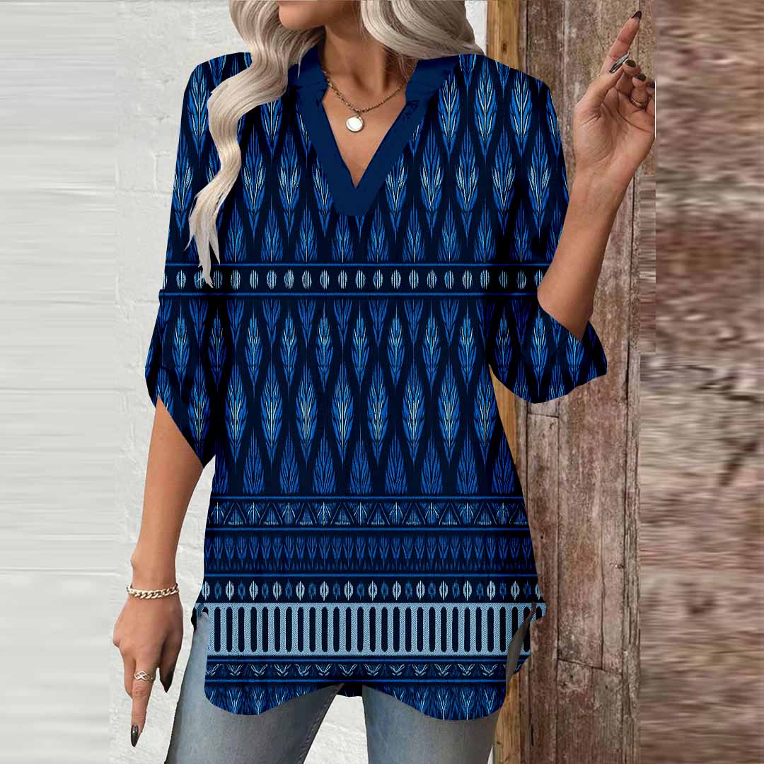 Women Geometric,Blue DZGA0296 3/4 Sleeve V-neck Printed Graphic Button Tops