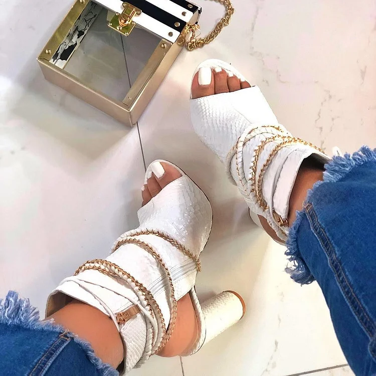 White Python Ankle Boots Open Toe Chunky Heel Slingback Booties |FSJ Shoes