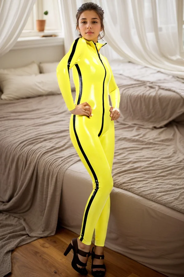 Women Latex Catsuits Killing Bill Yellow & Black Latex Catsuit w/ Long Zipper Cosplay 