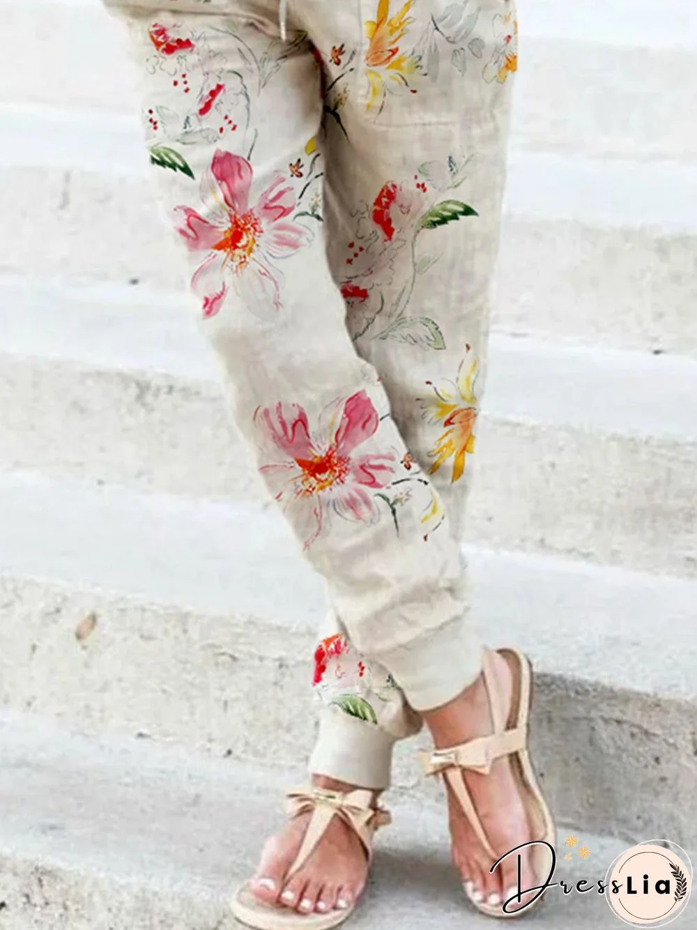Casual Floral Autumn Polyester Natural Lightweight Loose Straight pants Regular Size Casual Pants for Women