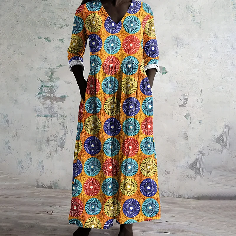 African Geometric Print V-neck Linen Blend Midi Dress