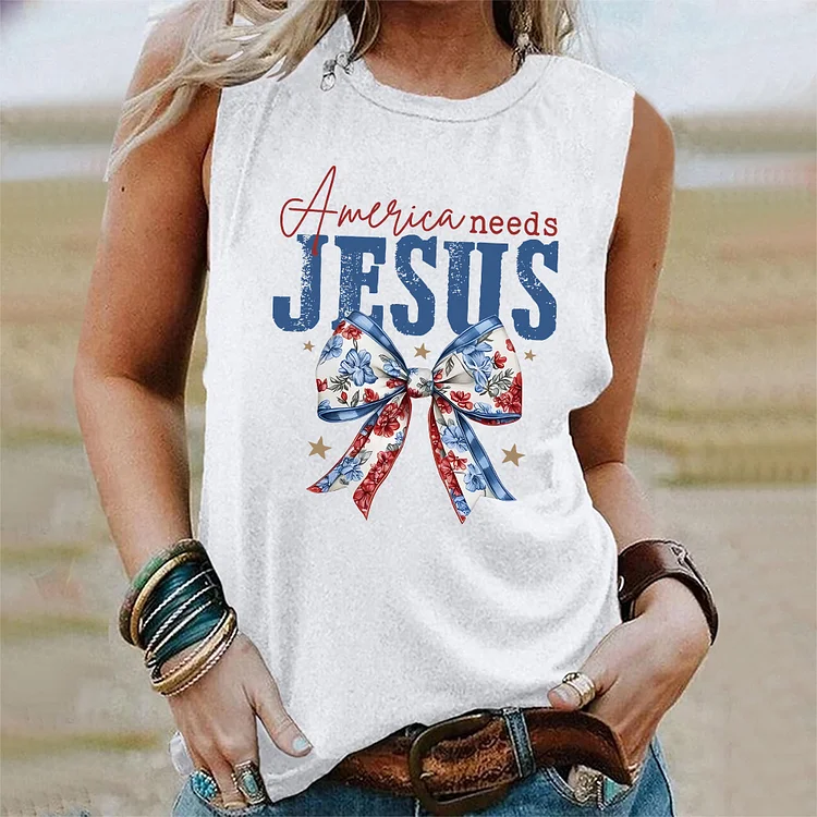 America Needs Jesus Flower 2 Sided Tank, Fourth Of July Merch, Gifts For 4th7, America Coquette Bow Tank For Women, Tank Top