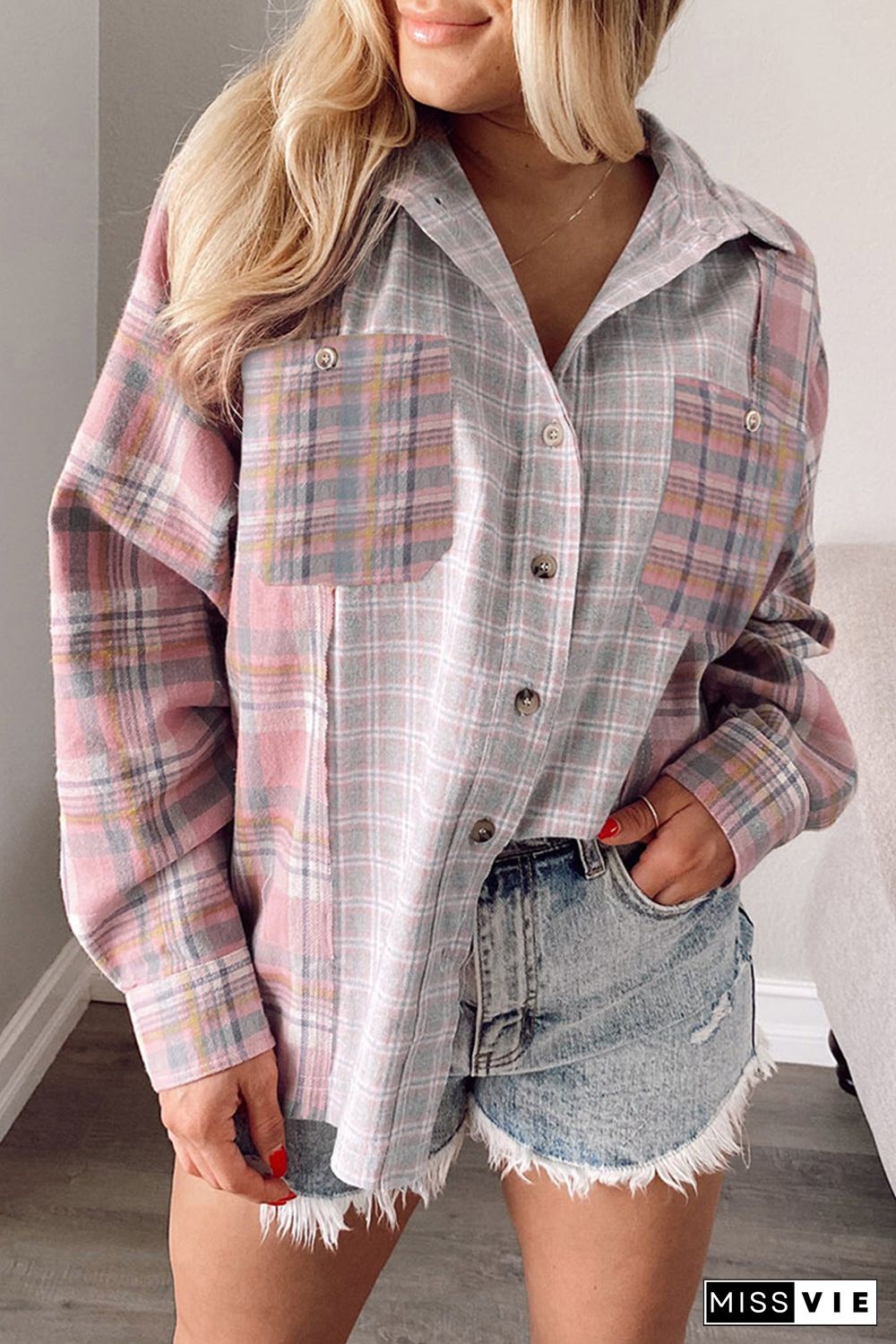 Plaid Color Block Pocket Button-up Long Sleeve Shirt