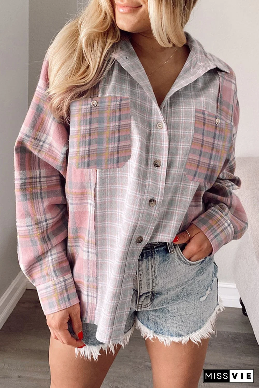 Plaid Color Block Pocket Button-up Long Sleeve Shirt