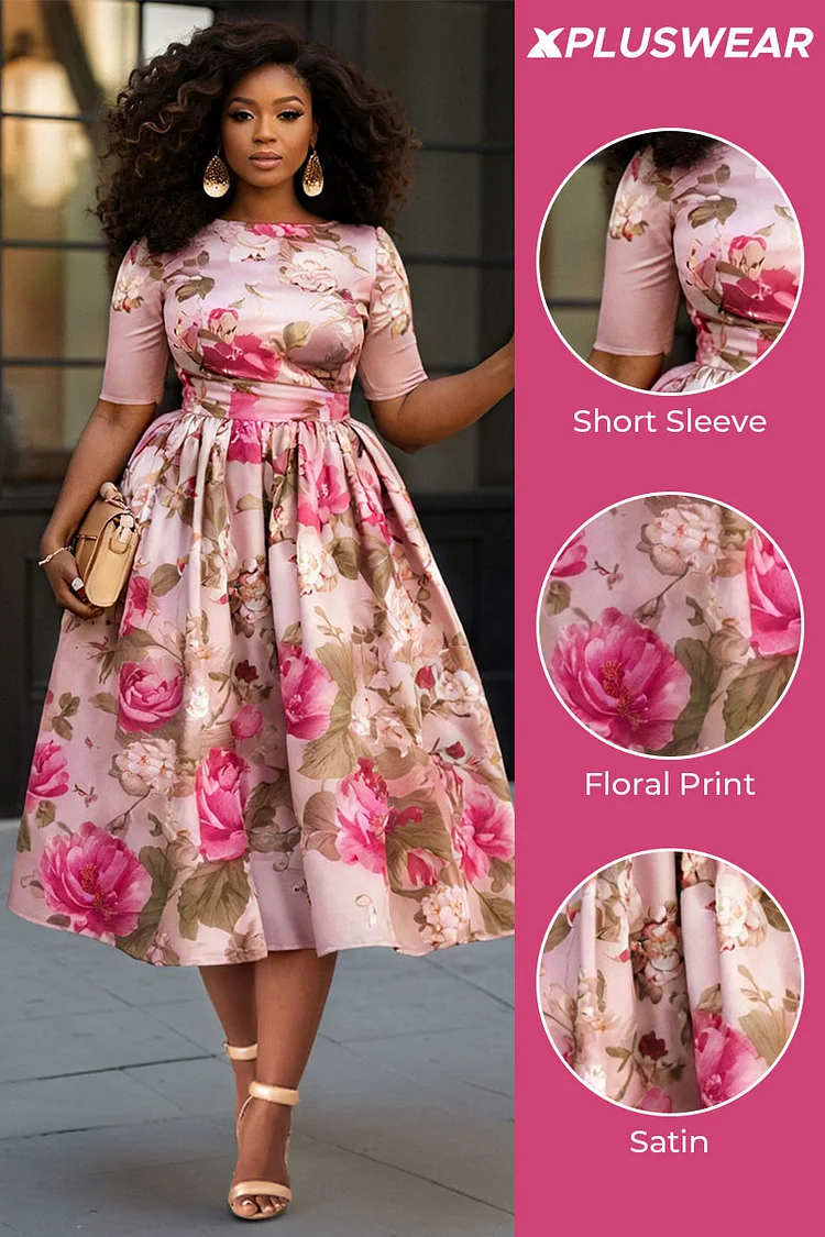 Xpluswear Design Plus Size Wedding Guest Pink Elegant Floral Round Neck Short Sleeve Pocket Satin Midi Dresses [Pre-Order]